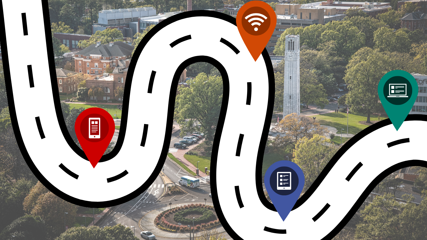 A graphic of a road with four location markers shows over an image of the Belltower