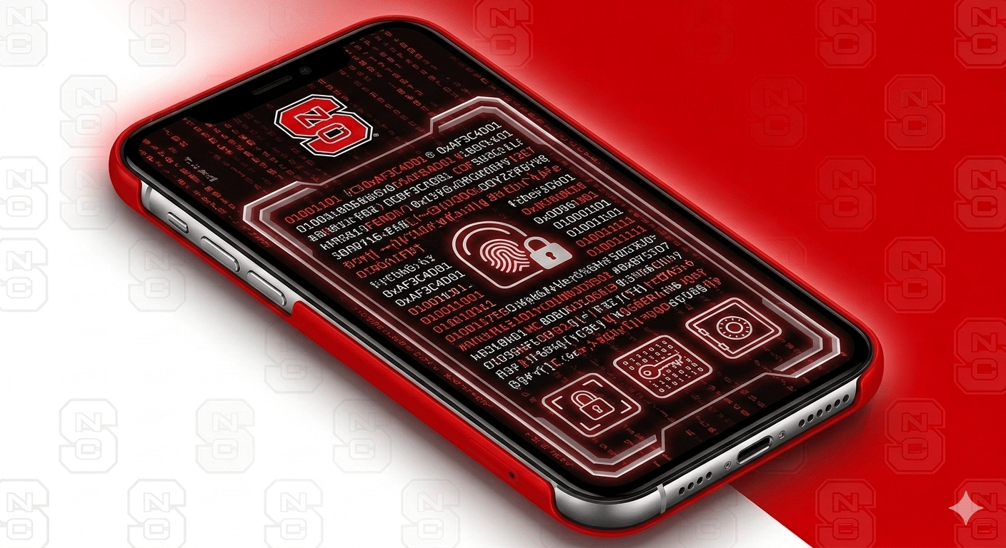 Red smartphone displaying a fingerprint and padlock over encrypted data